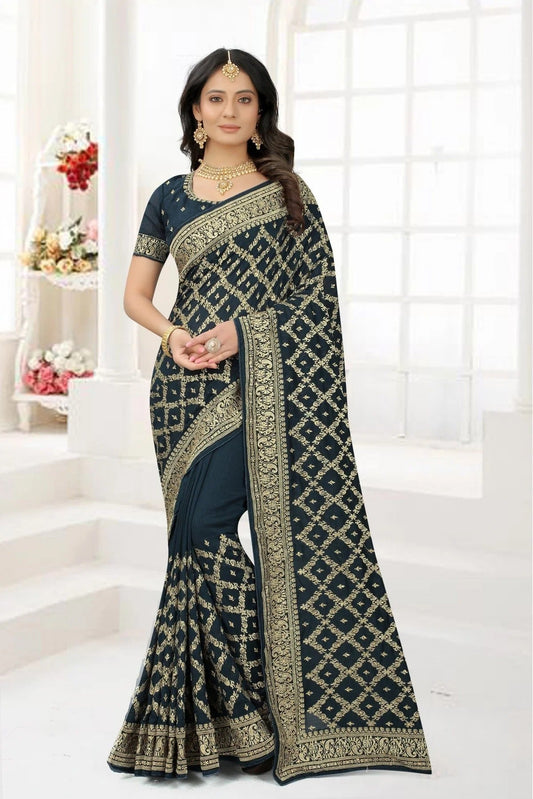 Teal Vichitra Silk Embroidery Saree NCSD11210861