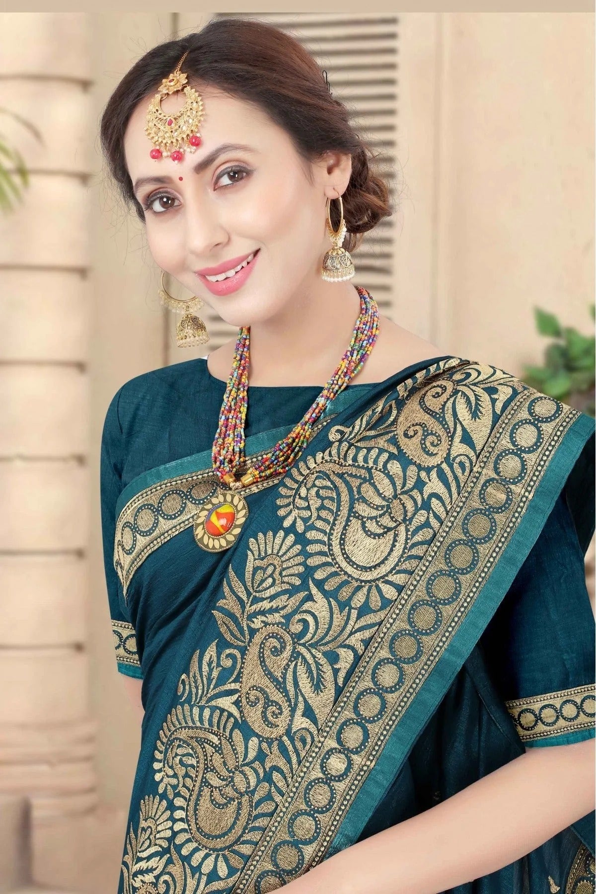 Teal Vichitra Silk Embroidery Saree NCSD11210863