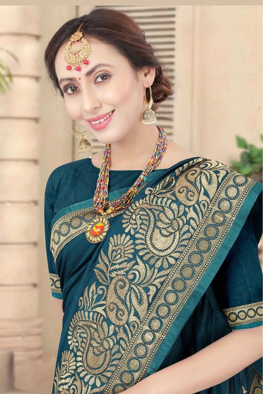 Teal Vichitra Silk Embroidery Saree NCSD11210863