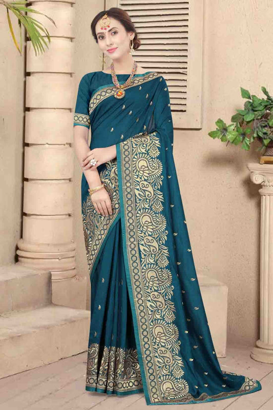 Teal Vichitra Silk Embroidery Saree NCSD11210863