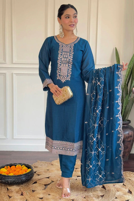 Teal Vichitra Silk Stitched Salwar Suit NCSS11111581