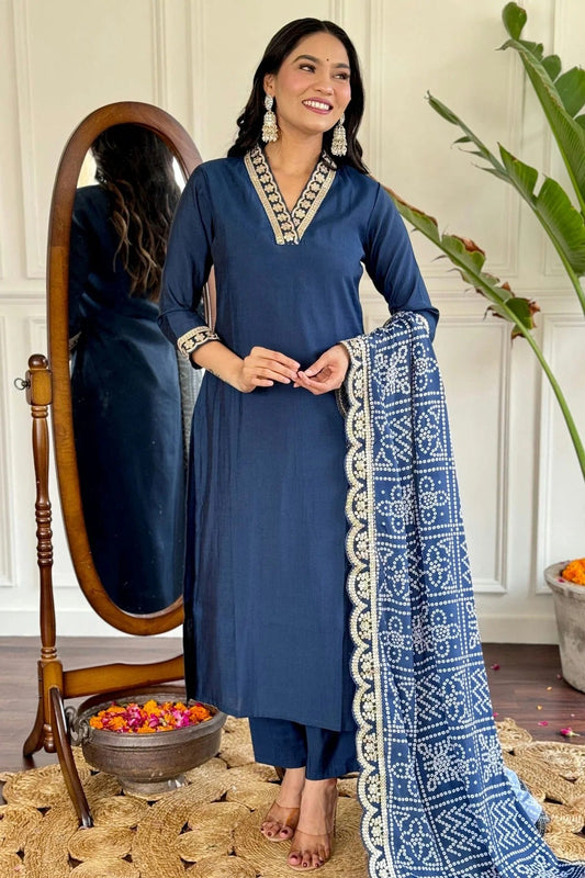 Teal Viscose Chanderi Stitched Salwar Suit NCSS11111920