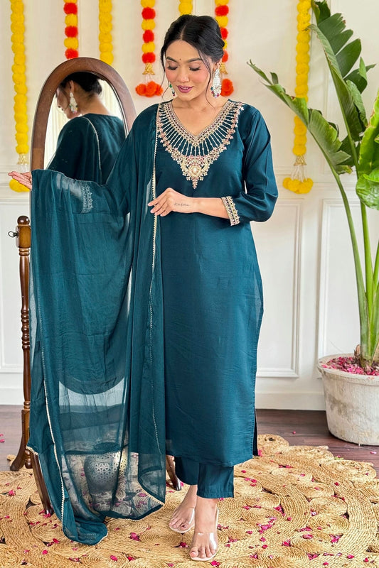 Teal Viscose Chanderi Stitched Salwar Suit NCSS11111994