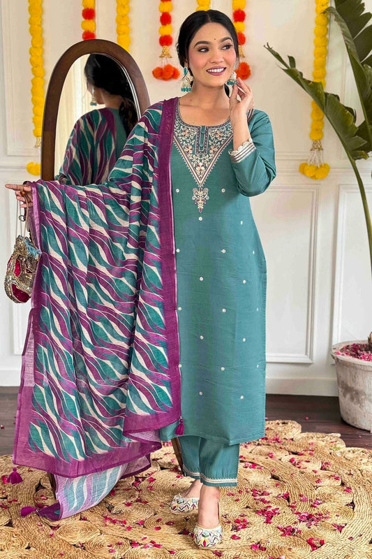 Teal Viscose Chanderi Stitched Suit NCSS11110675