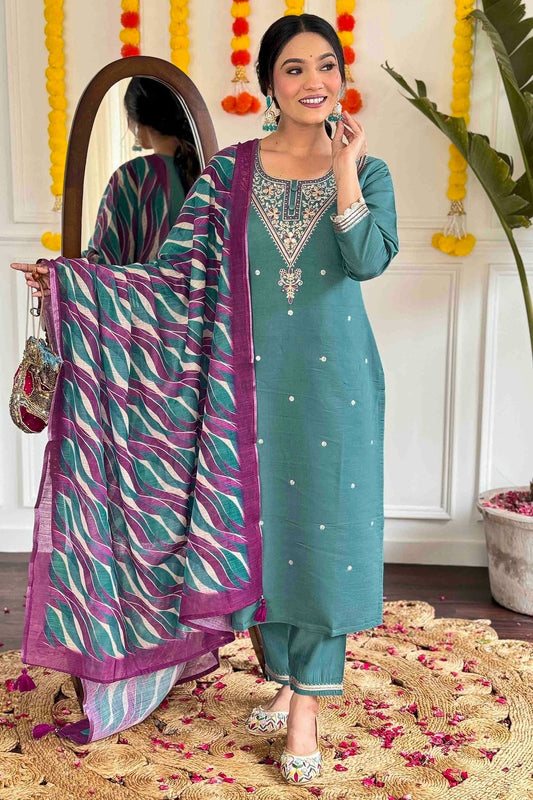 Teal Viscose Chanderi Stitched Suit NCSS11110694