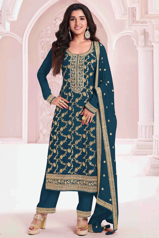 Teal Viscose Jacquard Pant Style Suit NCSM11410112