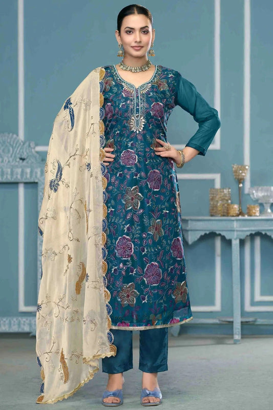 Teal Viscose Organza Pant Style Suit NCSM11110702