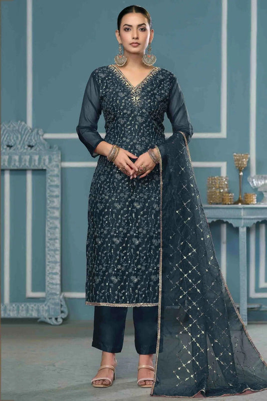Teal Viscose Organza Pant Style Suit NCSM11110754