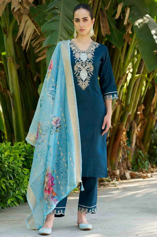 Teal Viscose Rayon Embroidery Pant Style Suit NCSS11110377