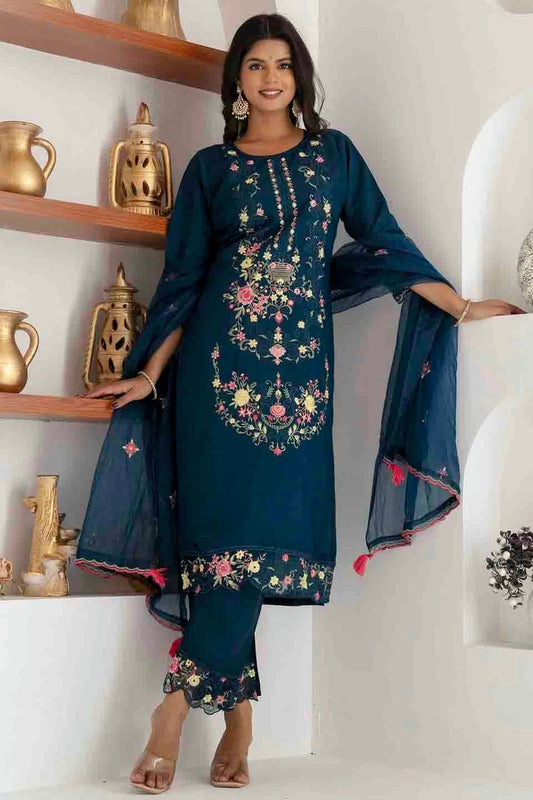 Teal Viscose Silk Embroidery Pant Style Suit NCSS11110386