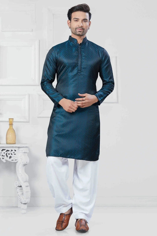 Teal Woven Jacquard Silk Kurta Pajama NCKP11110531