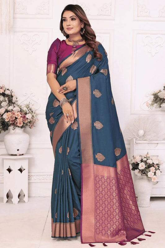 Teal Woven Lichi Soft Silk Traditional Saree NCSD12510117