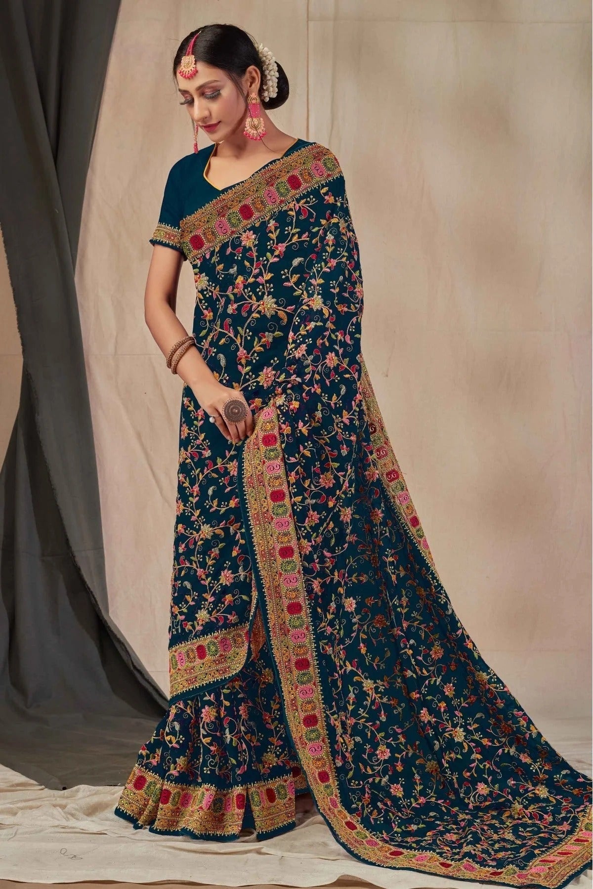 Teal and Blue Georgette Embroidery Saree NCSD11210859