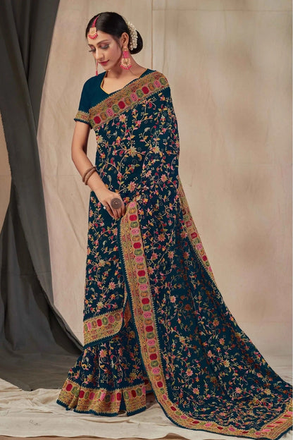 Teal and Blue Georgette Embroidery Saree NCSD11210859