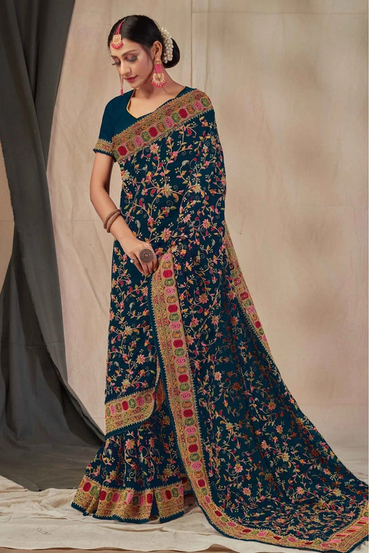 Teal and Blue Georgette Embroidery Saree NCSD11210859