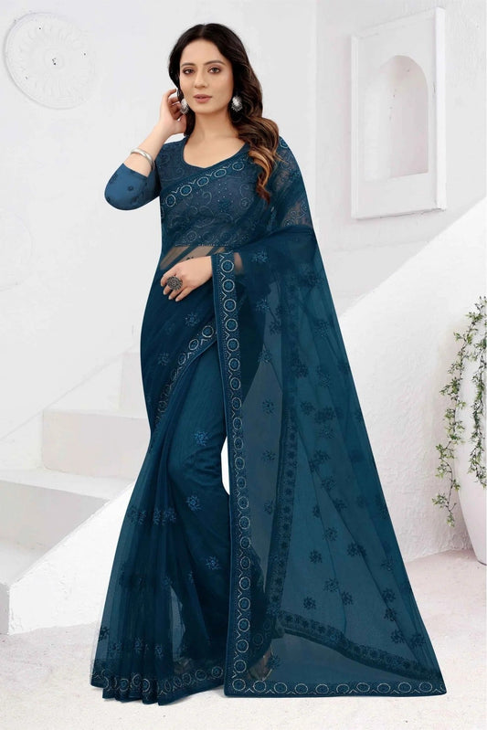 Teal and Blue Net Embroidery Saree NCSD11210846