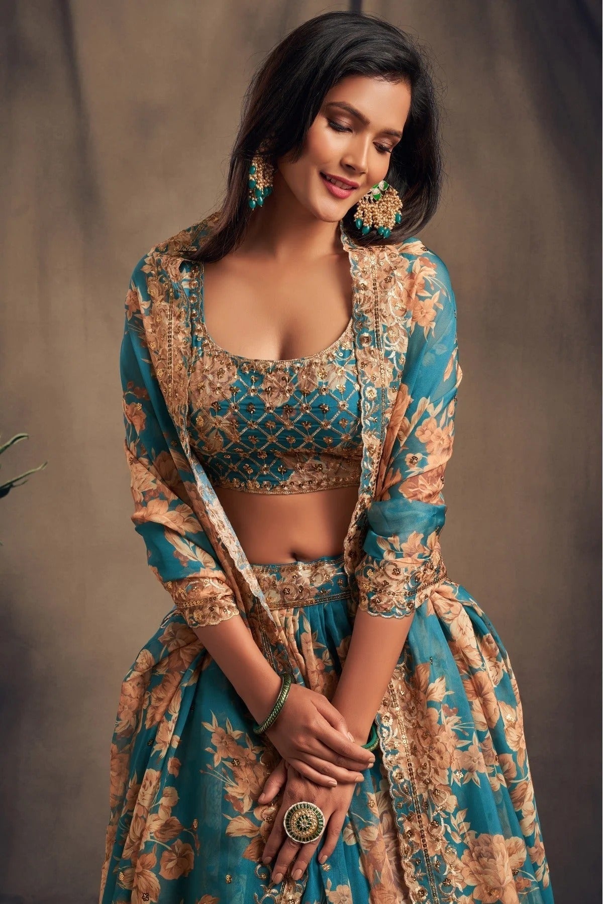Teal and Blue Organza Lehenga Choli NCLC10110335