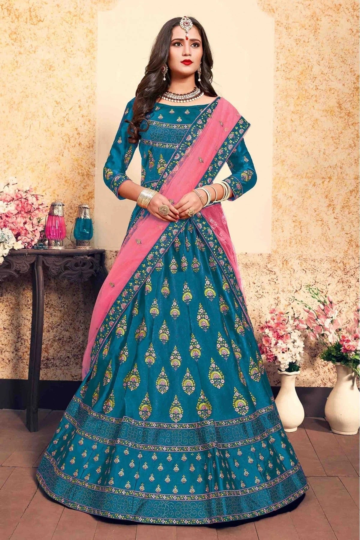 Teal and Blue Satin Embroidery Lehenga Choli NCLC10810450