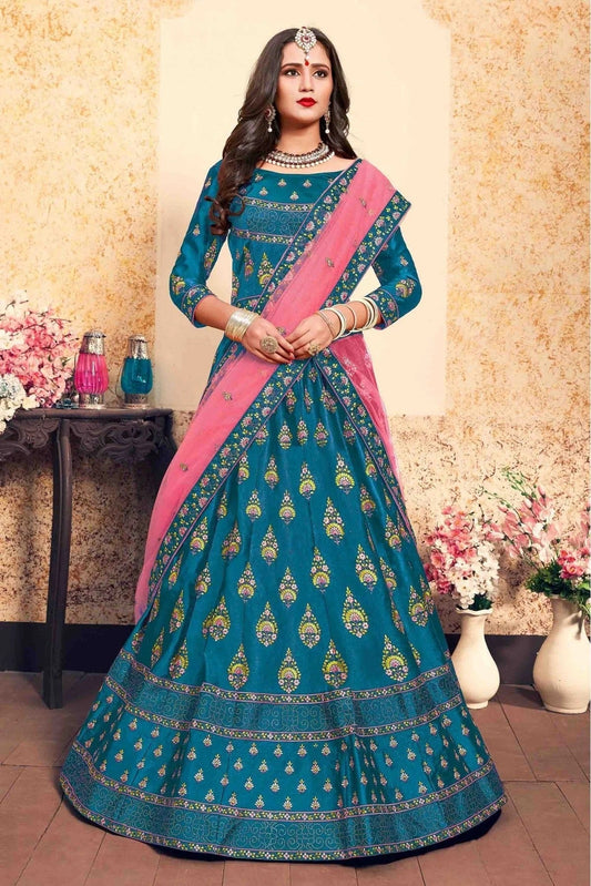 Teal and Blue Satin Embroidery Lehenga Choli NCLC10810450