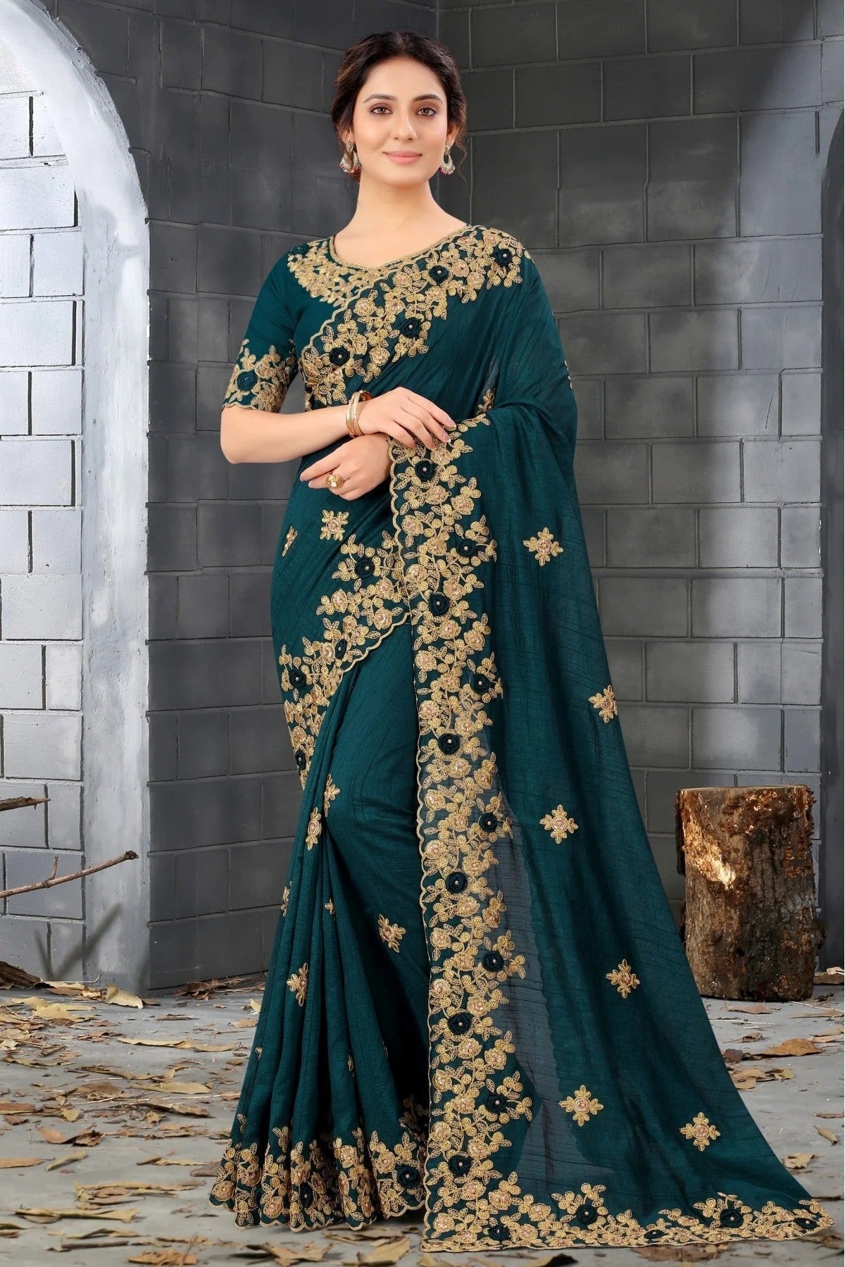 Teal and Blue Silk Embroidery Saree NCSD11210812