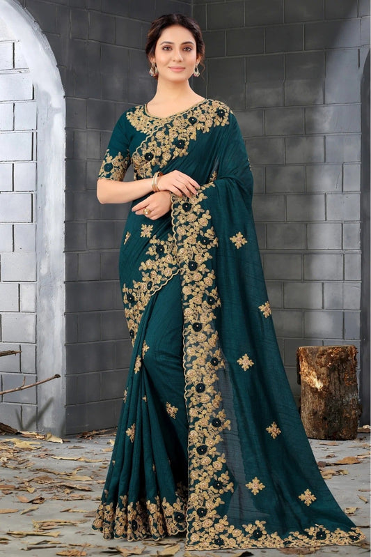 Teal and Blue Silk Embroidery Saree NCSD11210812