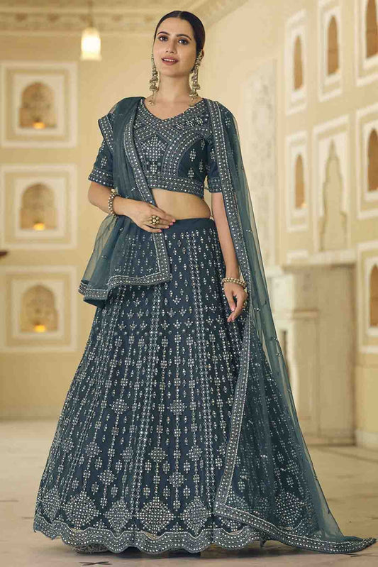 Teal and Blue Soft Net Mirror Lehenga Choli NCLC10810496