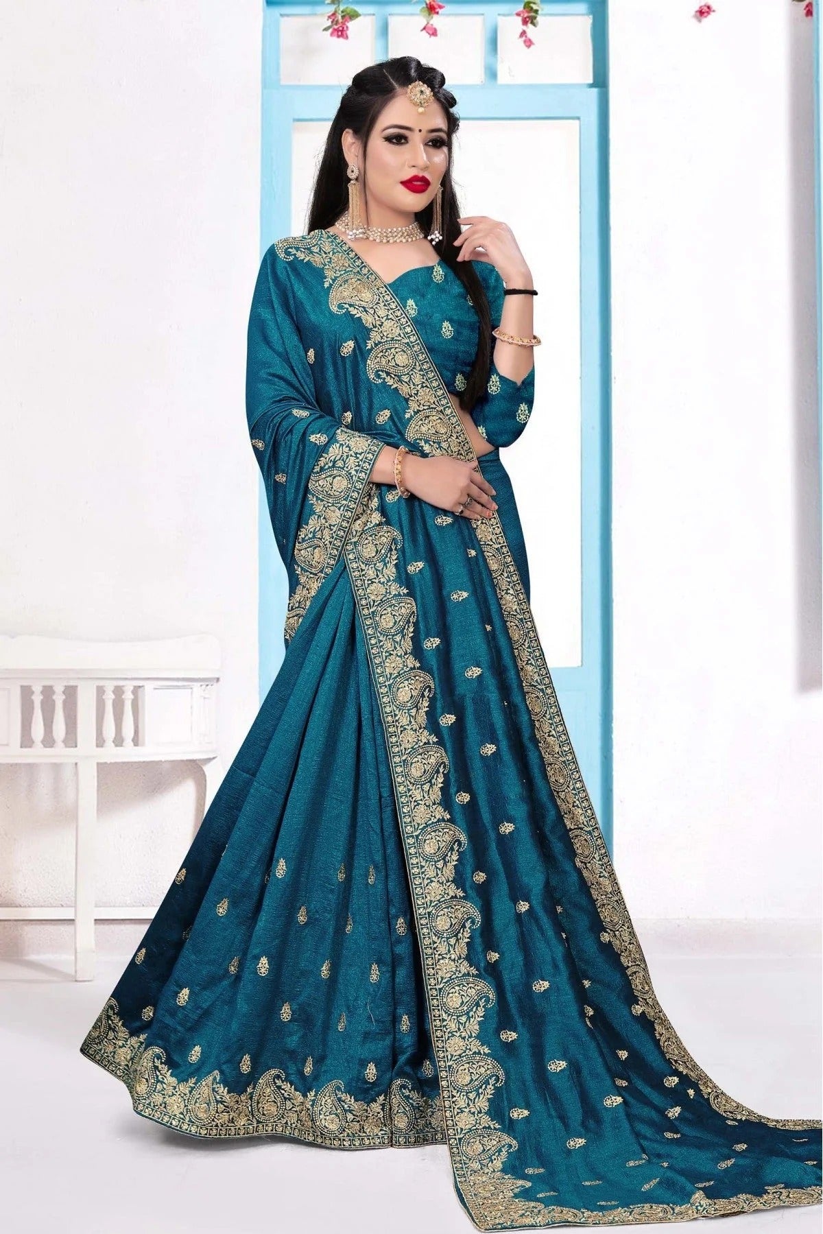 Teal and Blue Vichitra Silk Embroidery Saree NCSD10910553
