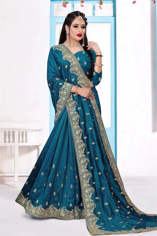 Teal and Blue Vichitra Silk Embroidery Saree NCSD10910553