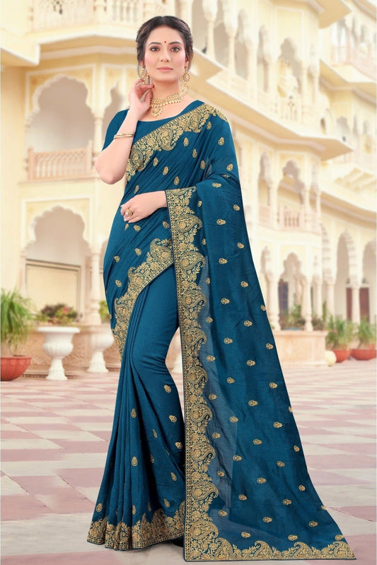 Teal and Blue Vichitra Silk Embroidery Saree NCSD10910677