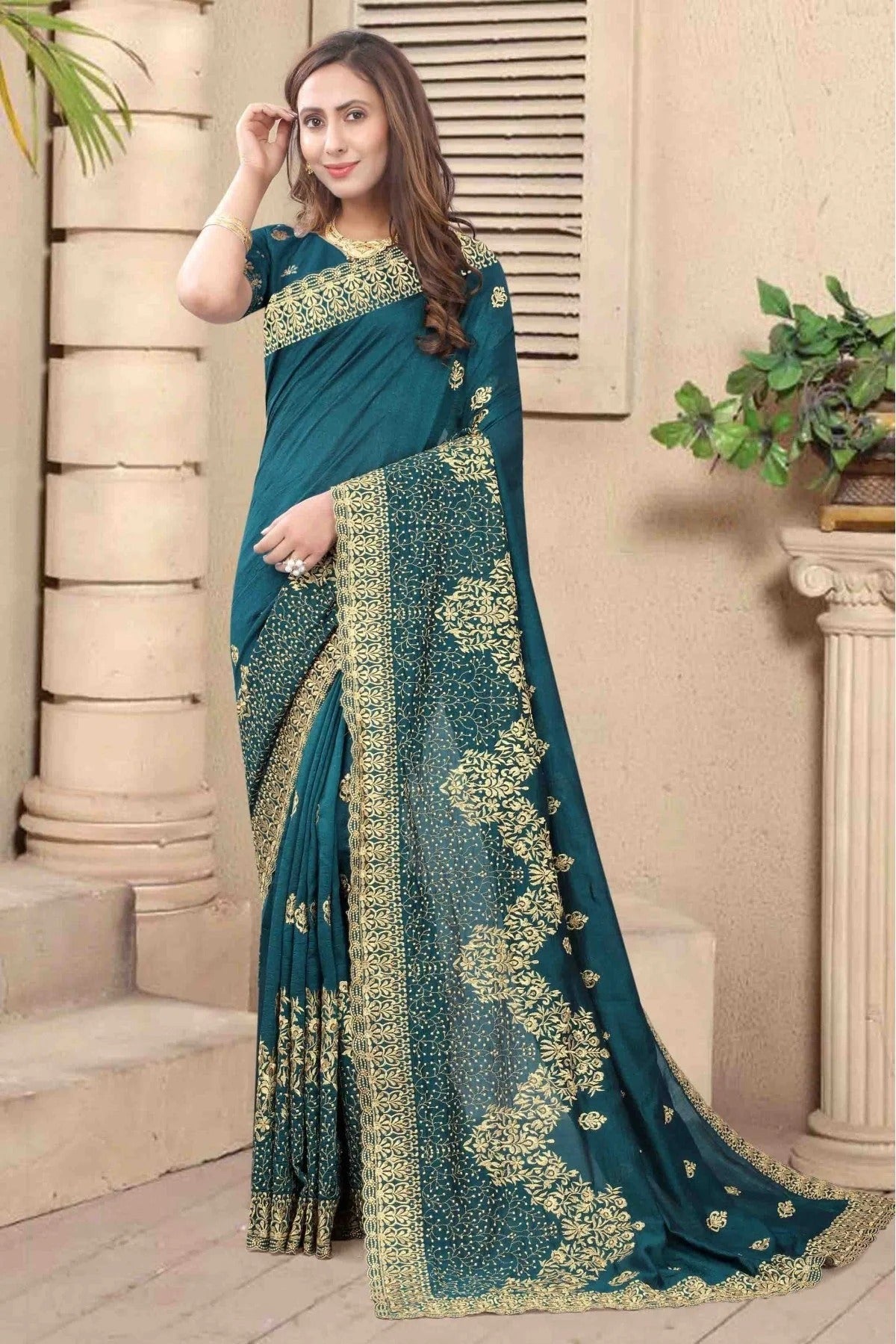 Teal and Blue Vichitra Silk Embroidery Saree NCSD11210733