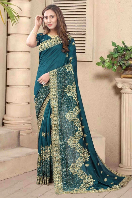 Teal and Blue Vichitra Silk Embroidery Saree NCSD11210733