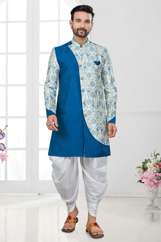 Teal and Cream Silk Dupion Dhoti Sherwani NCSH10410154