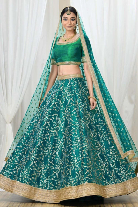 Teal and Green Mulberry Silk Lehenga Choli NCLC10110295
