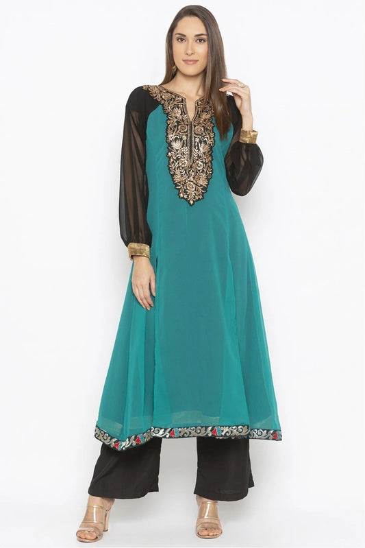 Teal and Green Plus Size Georgette Embroidery Kurta Set NCKR10710247