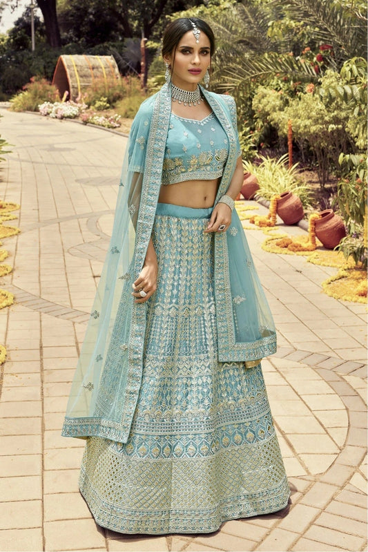 Turquoise and Blue Organza Embroidery Bridal Lehenga Choli NCLC10810467
