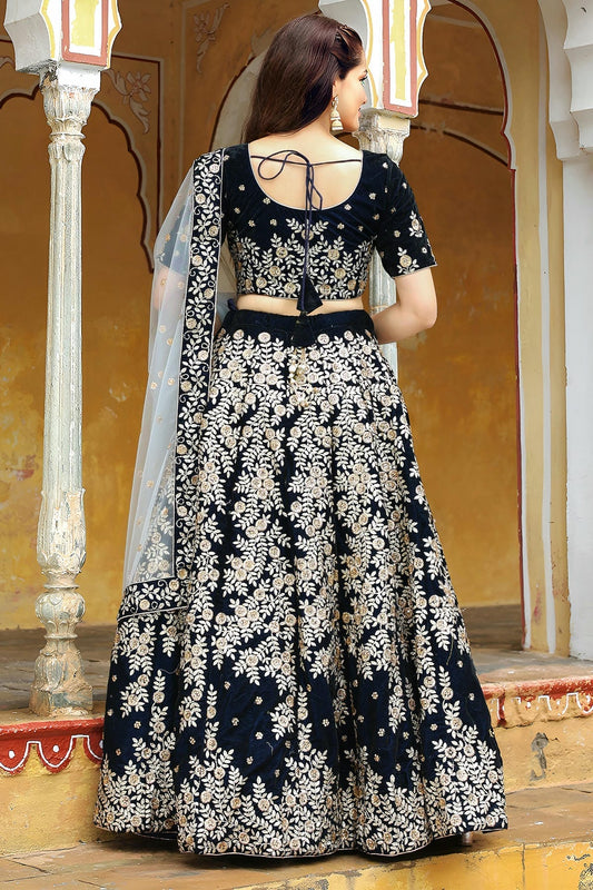 Velvet Lehenga Choli In Navy Blue Colour LC10110190