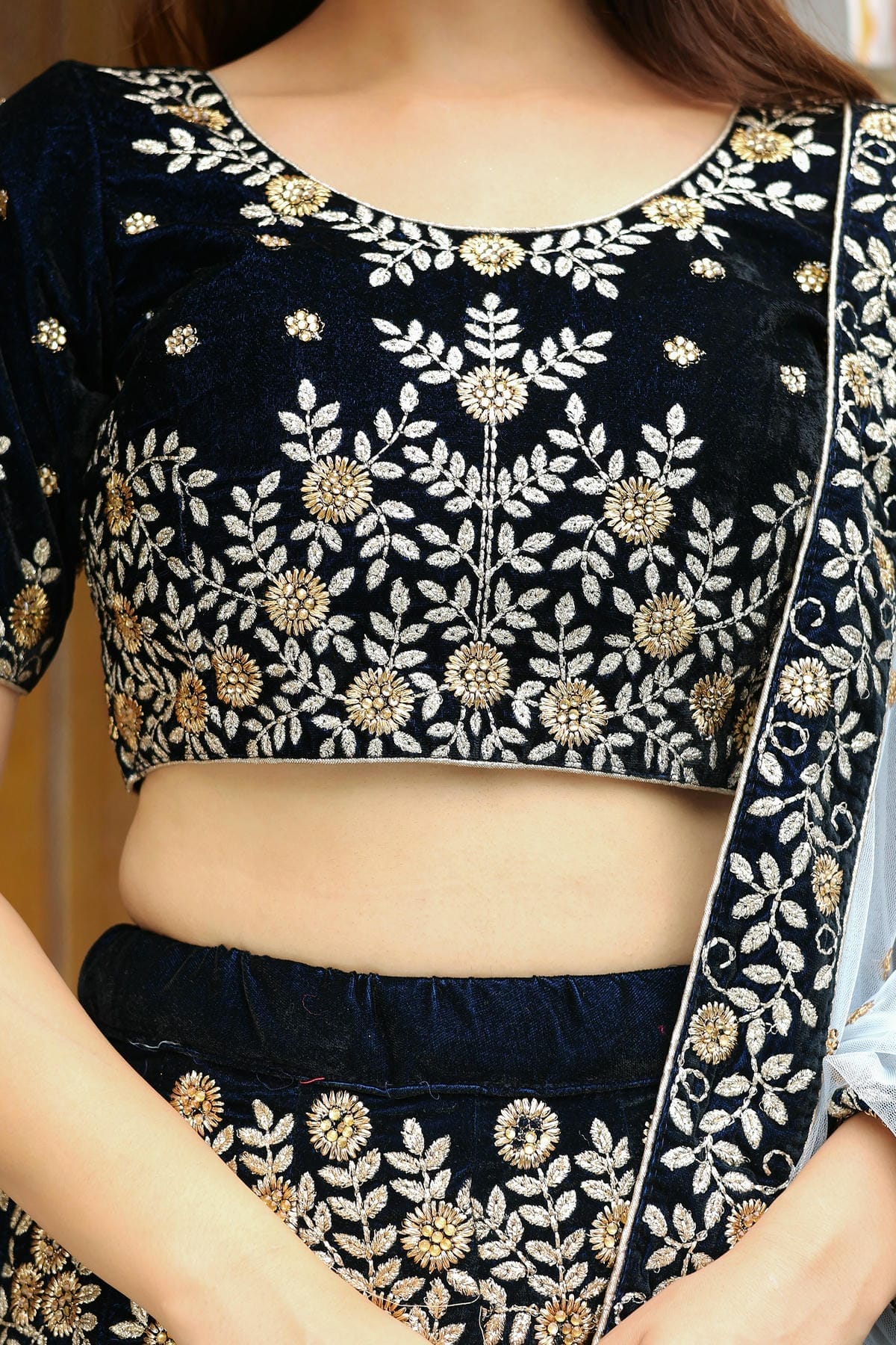 Velvet Lehenga Choli In Navy Blue Colour LC10110190