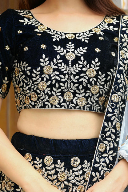 Velvet Lehenga Choli In Navy Blue Colour LC10110190