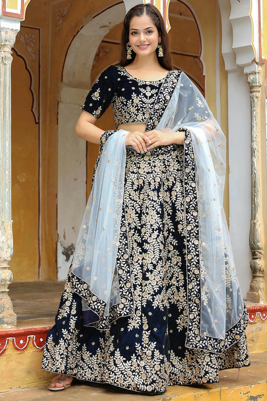 Velvet Lehenga Choli In Navy Blue Colour LC10110190