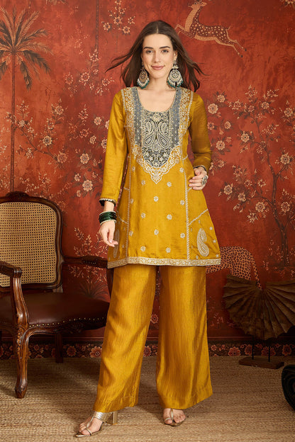 Vichitra Silk Embroidery Work Palazzo Pant Suit In Mustard Colour NCSS1113635