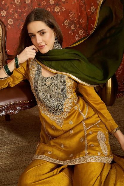 Vichitra Silk Embroidery Work Palazzo Pant Suit In Mustard Colour NCSS1113635