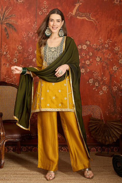 Vichitra Silk Embroidery Work Palazzo Pant Suit In Mustard Colour NCSS1113635