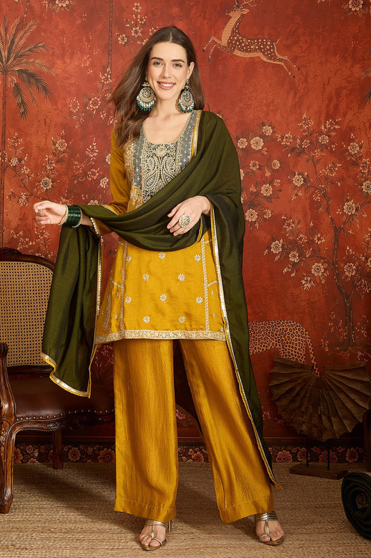 Vichitra Silk Embroidery Work Palazzo Pant Suit In Mustard Colour NCSS1113635