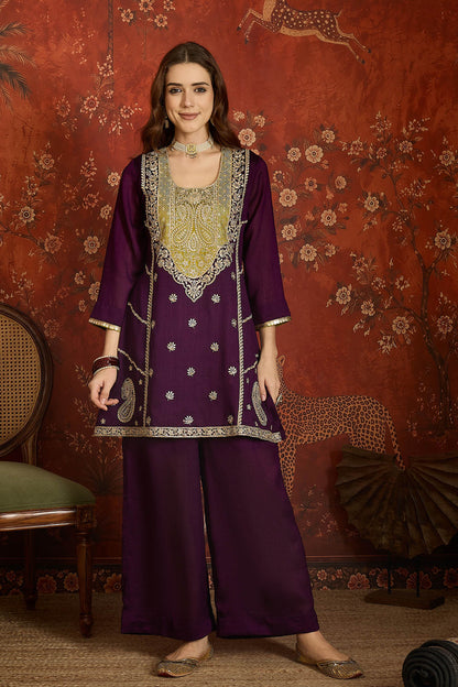 Vichitra Silk Embroidery Work Palazzo Pant Suit In Purple Colour NCSS1113636