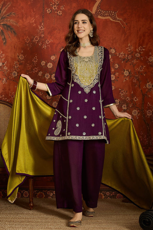 Vichitra Silk Embroidery Work Palazzo Pant Suit In Purple Colour NCSS1113636