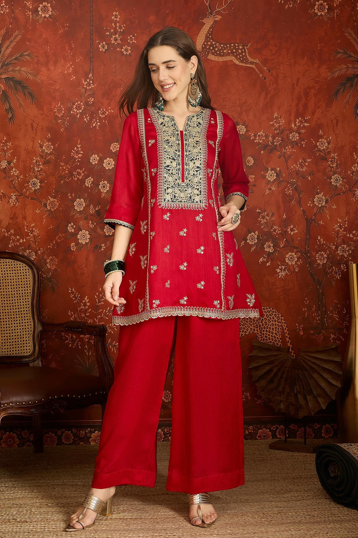 Vichitra Silk Embroidery Work Palazzo Pant Suit In Red Colour NCSS1113637