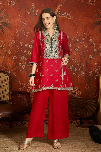 Vichitra Silk Embroidery Work Palazzo Pant Suit In Red Colour NCSS1113637