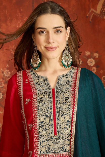 Vichitra Silk Embroidery Work Palazzo Pant Suit In Red Colour NCSS1113637