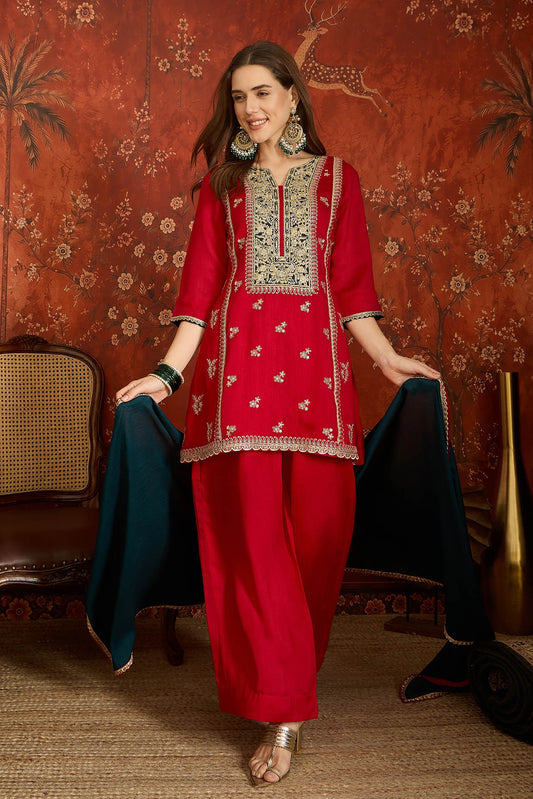 Vichitra Silk Embroidery Work Palazzo Pant Suit In Red Colour NCSS1113637