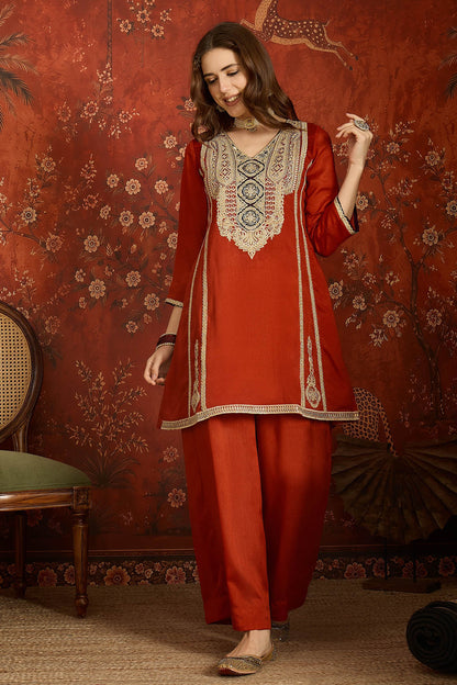Vichitra Silk Embroidery Work Palazzo Pant Suit In Rust Colour NCSS1113640